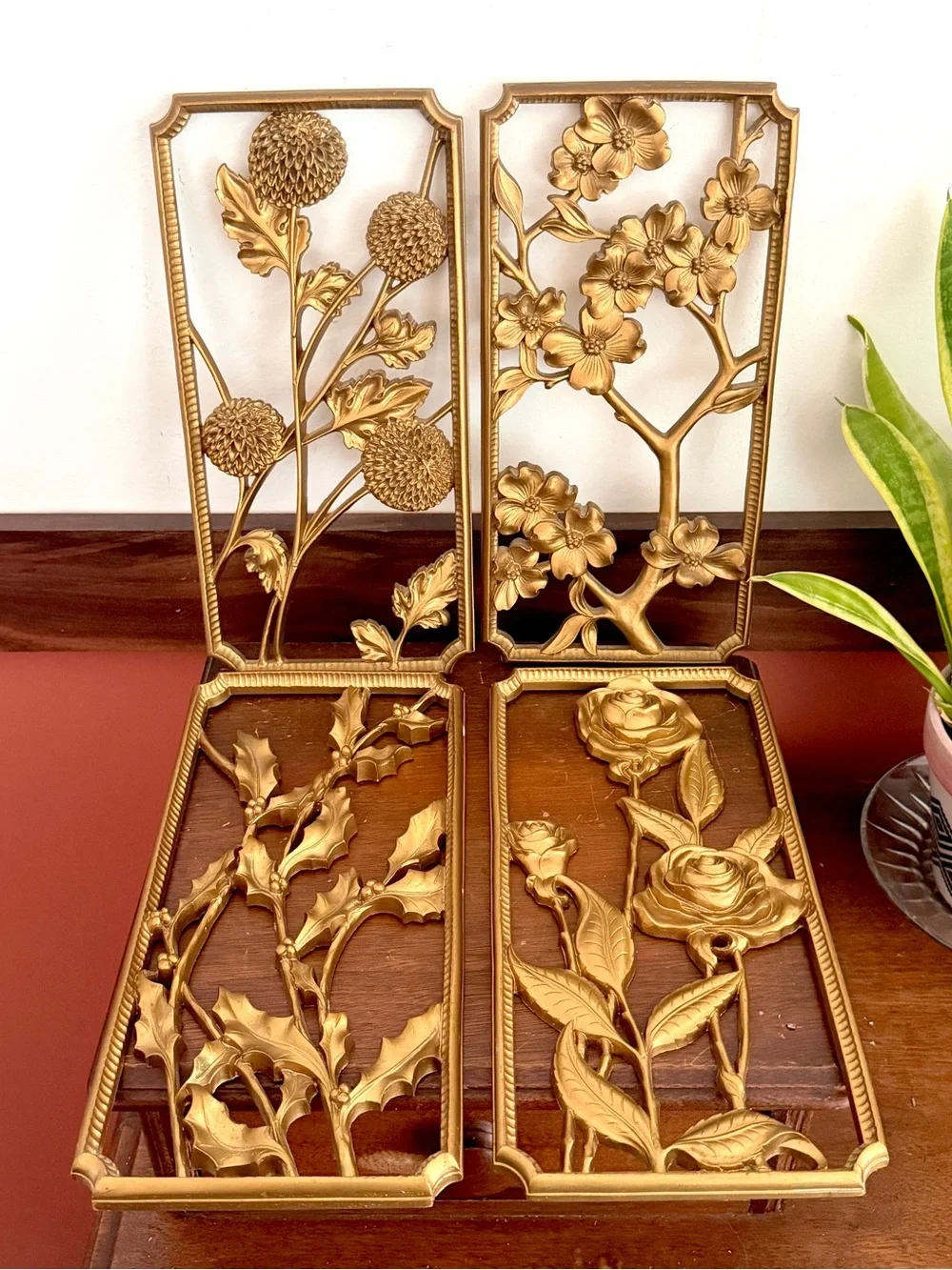 Vintage Syroco Gold Metal Botanical Wall Art Set Floral Roses 4 Panel Decor 12x6
